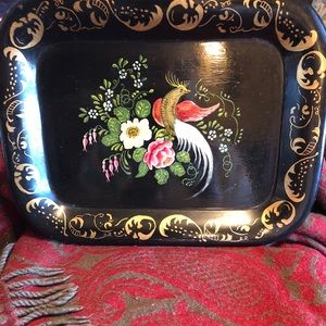 Vtg black toleware tray, handpainted, peacock, euc